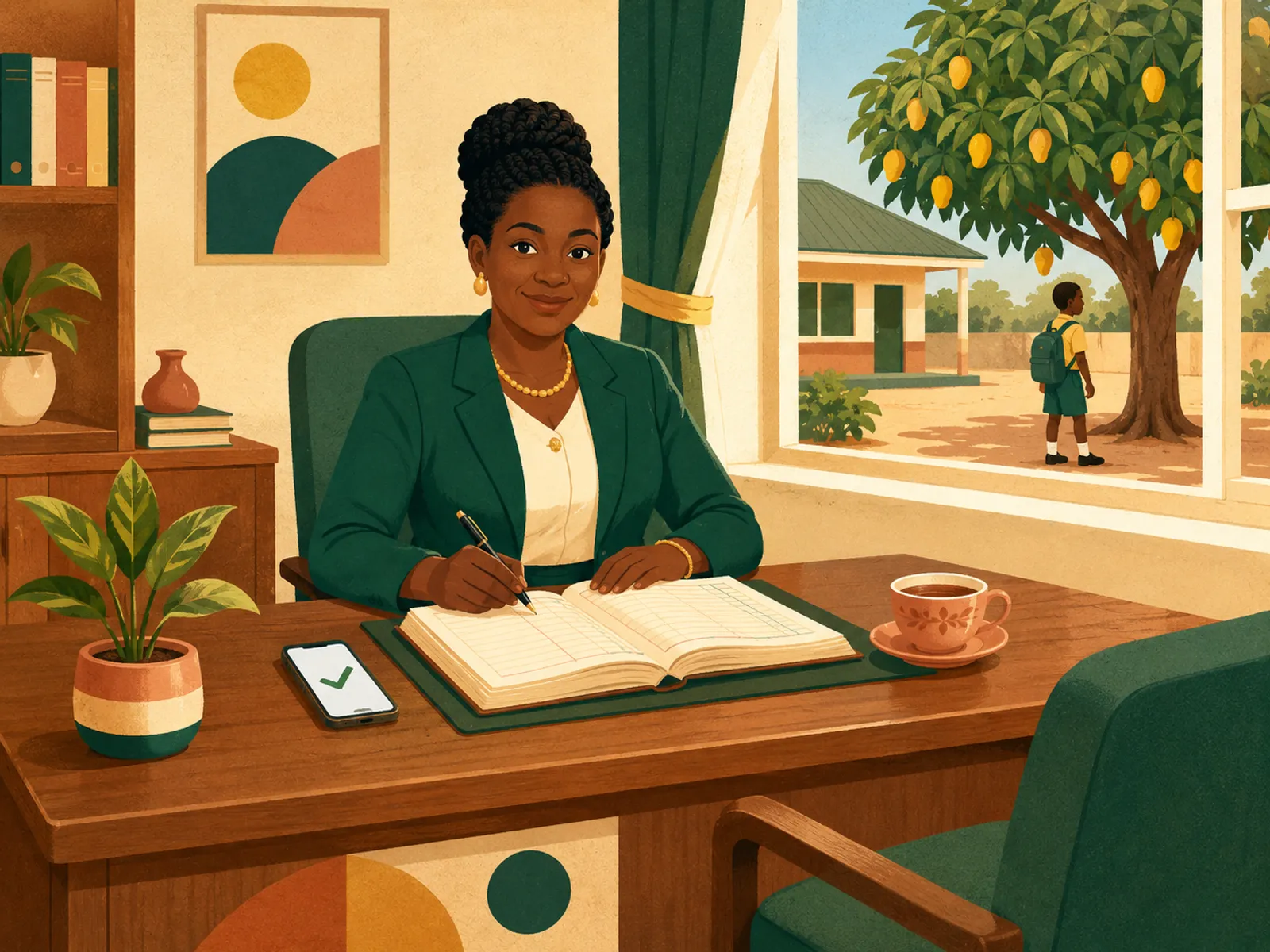Illustration of a school bursar at her desk, ledger open and a phone showing a confirmed payment