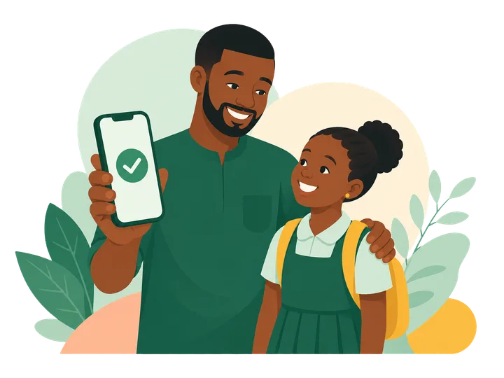 Illustration of a parent showing their child a paid-fees confirmation on a phone